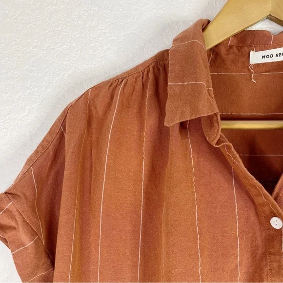 Mod Ref Orange Striped Linen Cotton Button Front Blouse Top - Picture 3 of 7